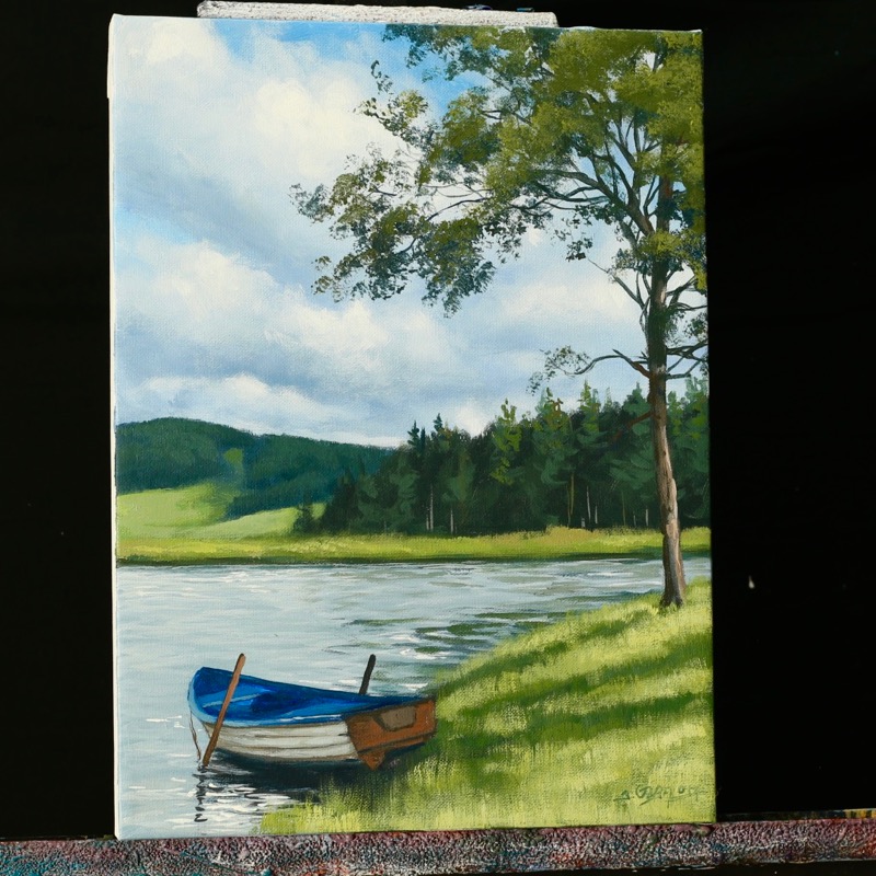 Boat on The Lake, Acrylic Painting